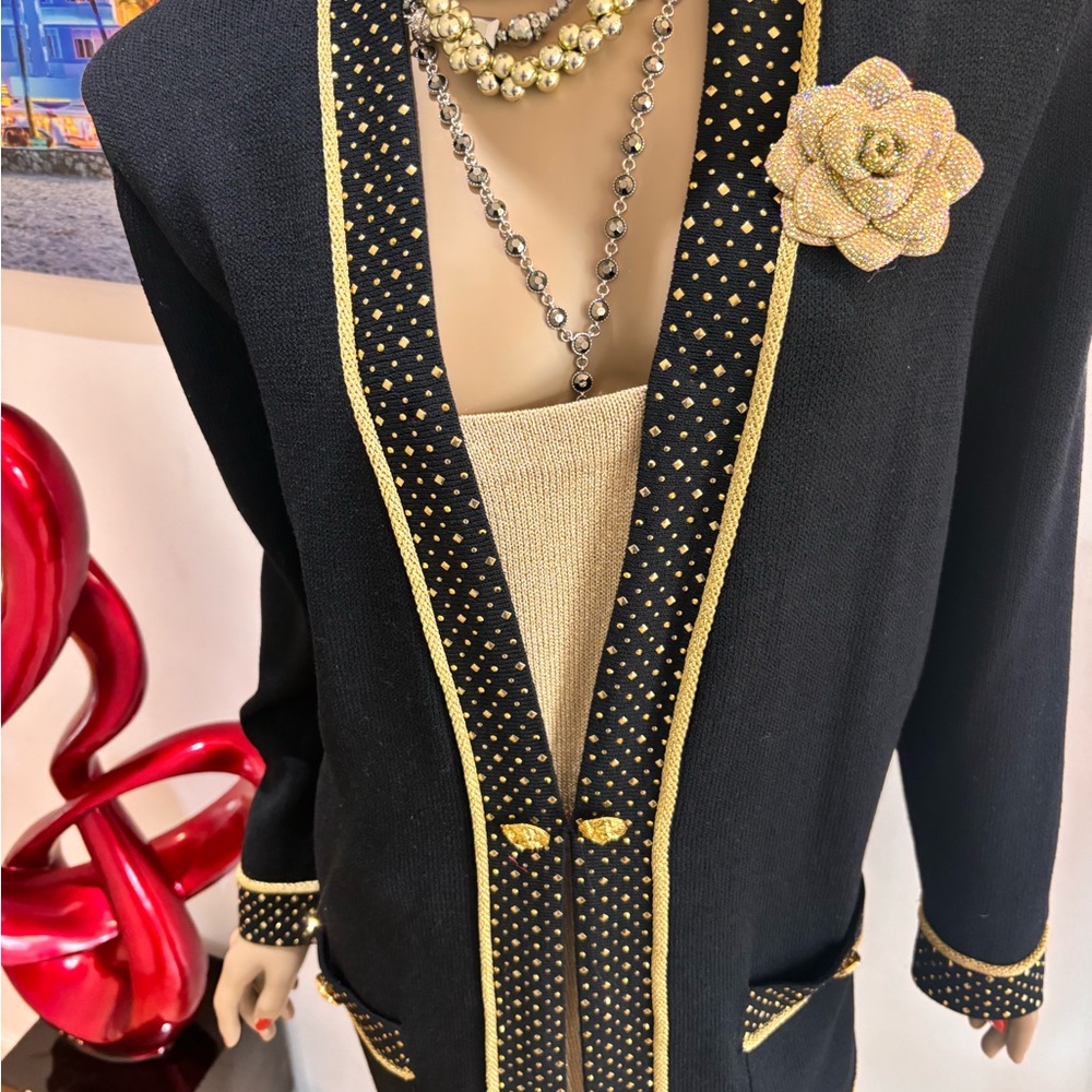 St. John Black Gold Blazer Trim 12 14 paillettes sequins evening embellished - Picture 9 of 10